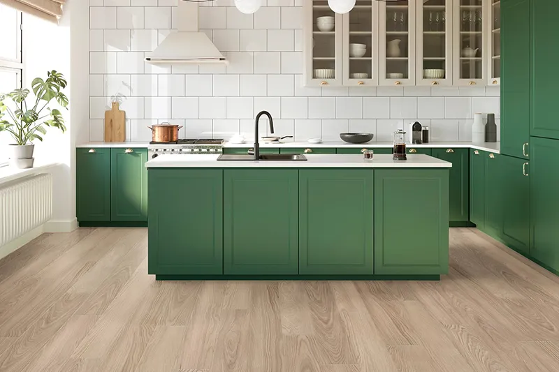 LVP Flooring in kitchen with green cabinets