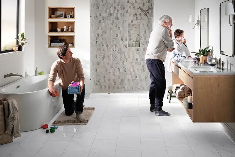 Waterproof vinyl tile in bathroom with family using sink and tub